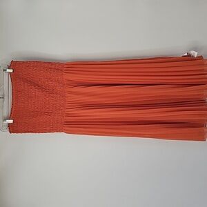 Elegant Smocked Strapless Pleated Flowy Midi Dress Peachy Mango Coquette